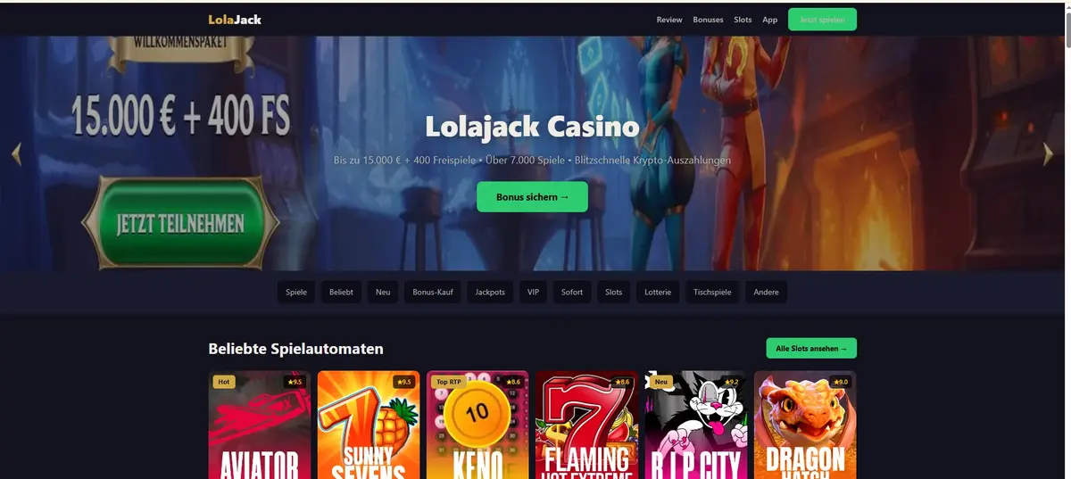 Lolajack casino homepage overview