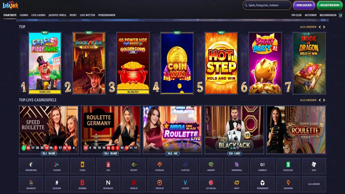 Lolajack slots library and game selection